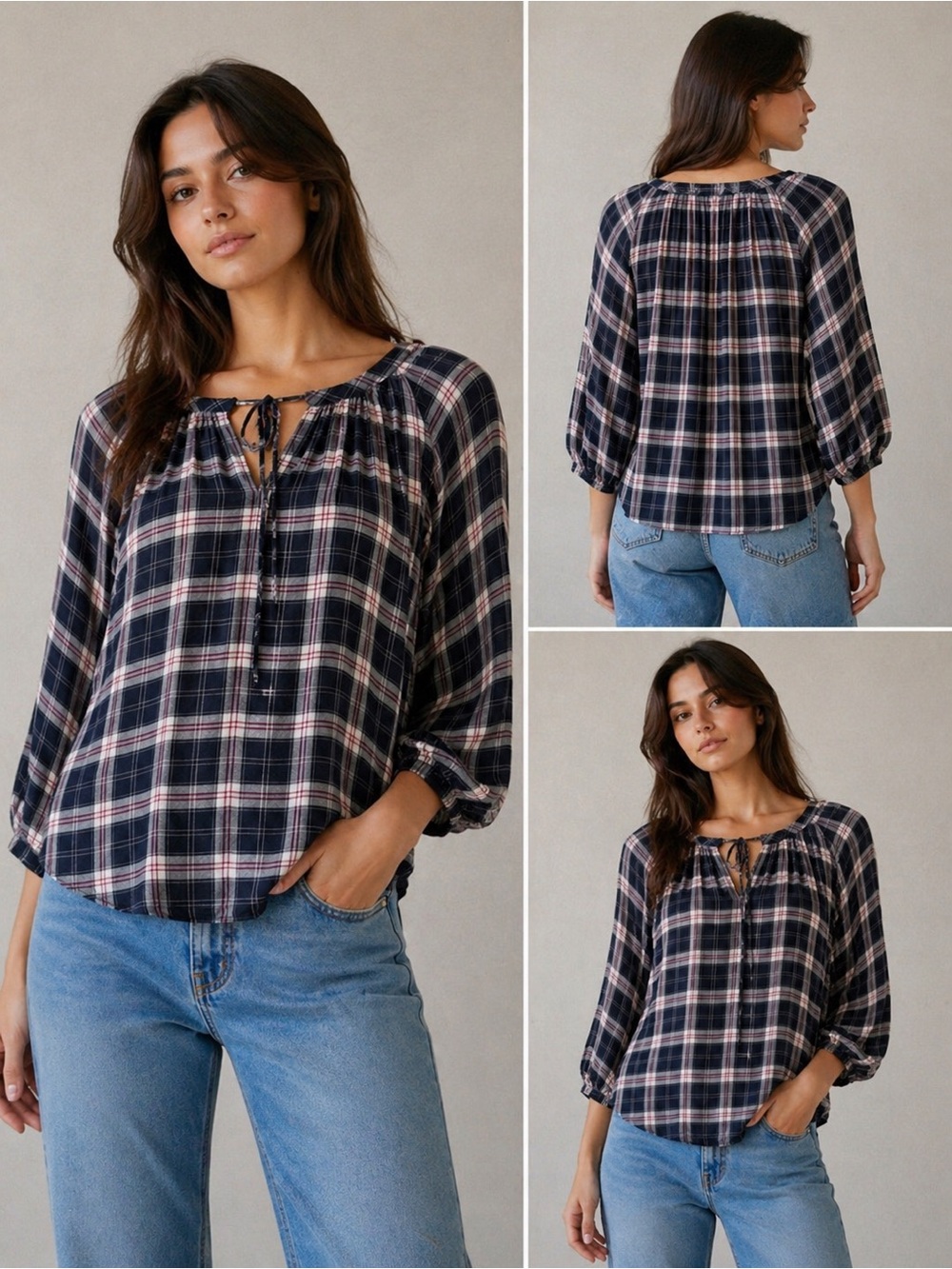 LOFT Navy and Pink Plaid Tie-Neck Peasant Top